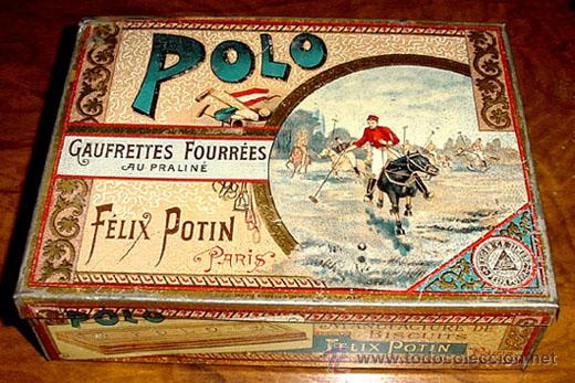 Casse e cassette metalliche: ANTIGUA CAJA DE HOJALATA LITOGRAFIADA CON PUBLICIDAD DE POLO - GAUFRETTES FOURREES AU PRALINE - FELI