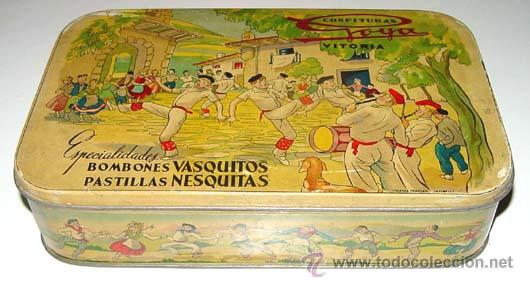 Blechdosen und Kisten: ANTIGUA CAJA DE HOJALATA LITOGRAFIADA CON PUBLICIDAD DE CONFITURAS GOYA DE VITORIA - ESCENA DE BAILE