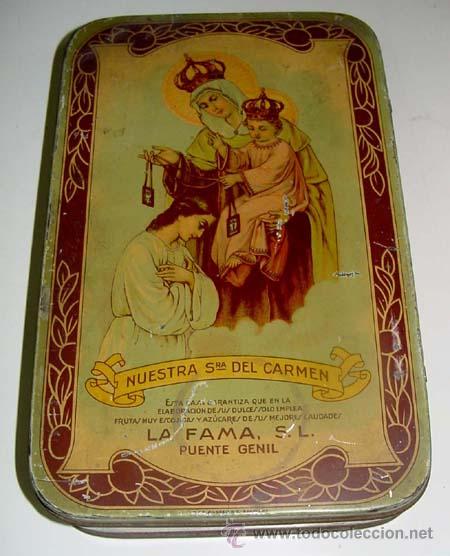 Blechdosen und Kisten: ANTIGUA CAJA DE HOJALATA LITOGRAFIADA CON N&ordf; SRA. DEL CARMEN CON PUBLICIDAD DE CREMA DE MEMBRILLO LA