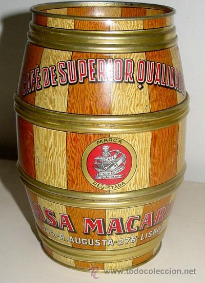 Blechdosen und Kisten: ANTIGUA CAJA DE HOJALATA LITOGRAFIADA EN FORMA DE BARRIL CON PUBLICIDAD DE XCAFE CASA MACARIO - MIDE