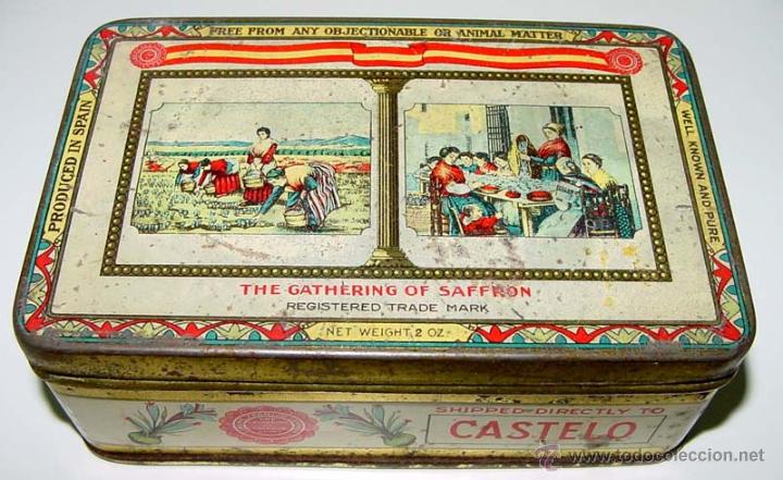 Blechdosen und Kisten: ANTIGUA CAJA DE HOJALATA LITOGRAFIADA CON PUBLICIDAD DE THE GARHERING OF SAFFRON - AZAFRAN . ESPA&Ntilde;A