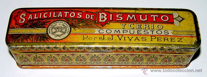 Blechdosen und Kisten: ANTIGUA CAJA DE HOJALATA LITOGRAFIADA CON PUBLICIDAD DE SALICILATOS E BISMUTO Y CERIO - COPM&Ugrave;ESTOS P