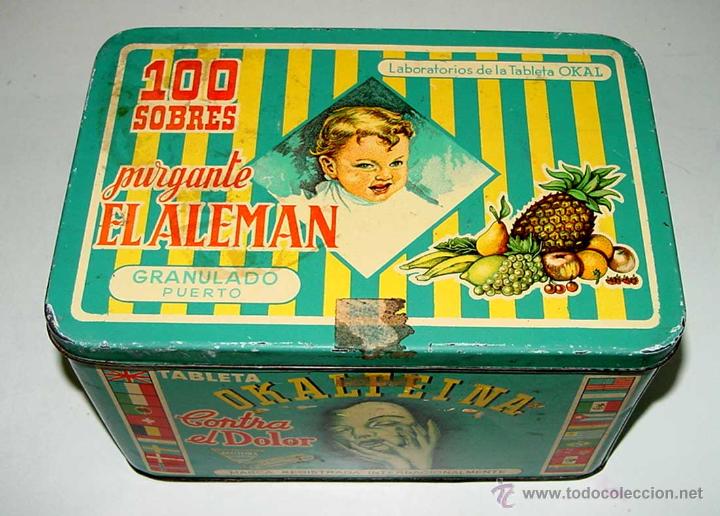 Blechdosen und Kisten: ANTIGUA CAJA DE HOJALATA LITOGRAFIADA CON PUBLICIDAD DE PURGANTE EL ALEMAN - FARMACIA - MIDE 23X 15,
