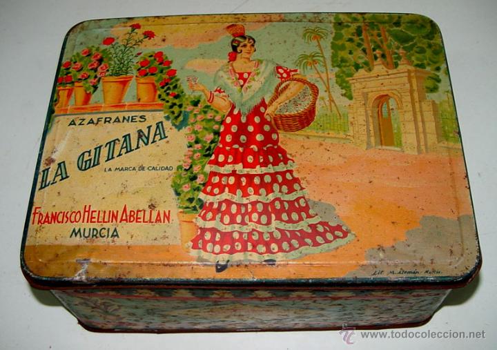 Blechdosen und Kisten: ANTIGUA CAJA DE HOJALATA LITOGRAFIADA CON PUBLICIDAD DE AZAFRANES - LA GITANA - FRANCISCO HELLIN ABE