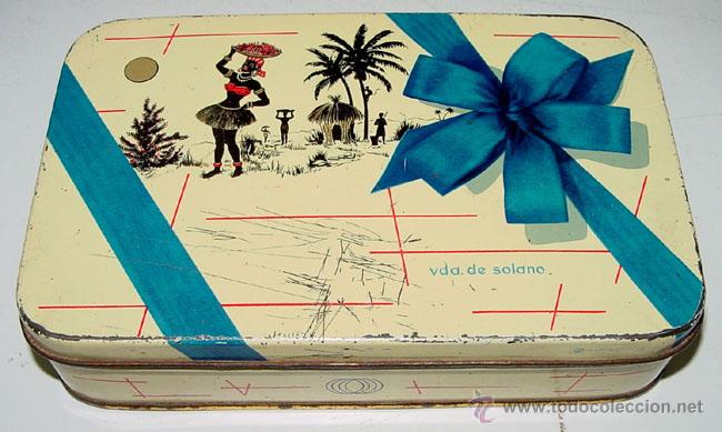 Casse e cassette metalliche: ANTIGUA CAJA DE HOJALATA LITOGRAFIADA CON PUBLICIDAD DE CARAMELOS DE LA VIUDA DE SOLANO - LOGRO&Ntilde;O -