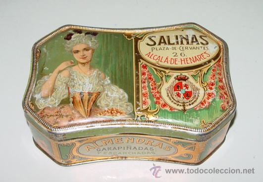 Blechdosen und Kisten: ANTIGUA CAJA DE HOJALATA LITOGRAFIADA CON PUBLICIDAD DE CONFITERIA SALINAS - ALCALA DE HENARES - ALM