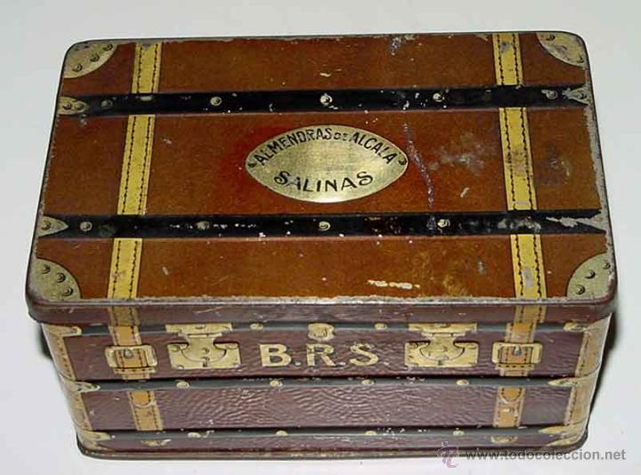Casse e cassette metalliche: ANTIGUA CAJA DE HOJALATA LITOGRAFIADA CON PUBLICIDAD DE ALMENDRAS DE ALCALA SALINAS - ALCALA DE HENA