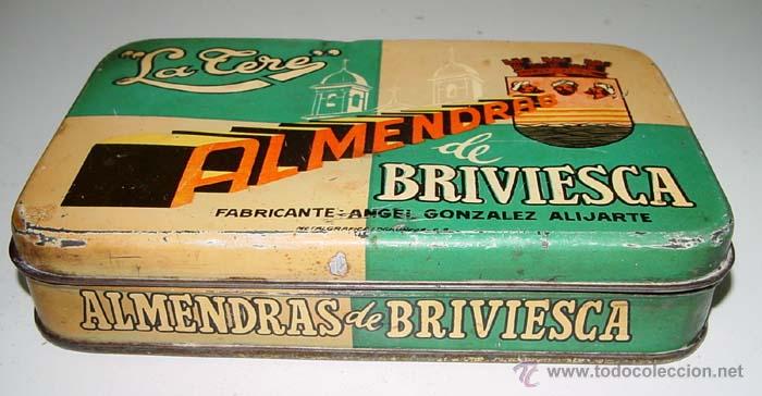 Casse e cassette metalliche: ANTIGUA CAJA DE HOJALATA LITOGRAFIADA CON PUBLICIDAD DE - LA TERE . ALMENDRAS DE BRIVIESCA . FABRICA