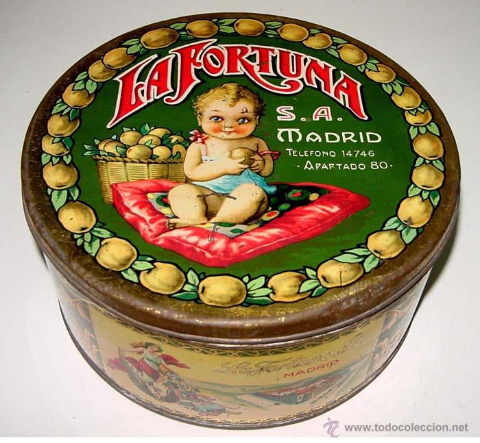 Blechdosen und Kisten: ANTIGUA CAJA DE HOJALATA LITOGRAFIADA CON PUBLICIDAD DE LA FORTUNA S.A. MADRID - MIDE 23 CMS. DE DIA