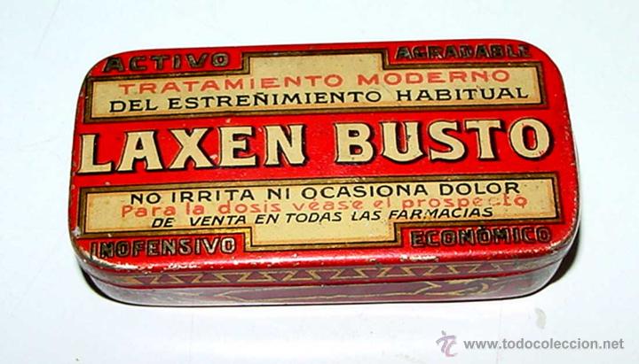 Bo&icirc;tes et petites bo&icirc;tes m&eacute;talliques: ANTIGUA CAJA DE HOJALATA LITOGRAFIADA CON PUBLICIDAD DE FARMACIA LAXEN BUSTO . MIDE 8 X 4 X 1,7 CMS.