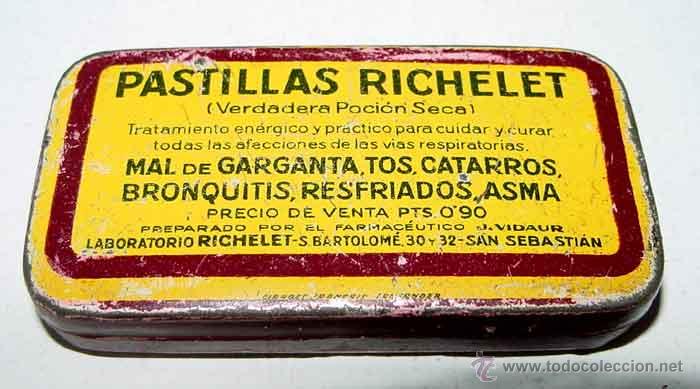 Blechdosen und Kisten: ANTIGUA CAJA DE HOJALATA LITOGRAFIADA CON PUBLICIDAD DE FARMACIA PASTILLAS RICHELET. MIDE 8 X 4 X 1