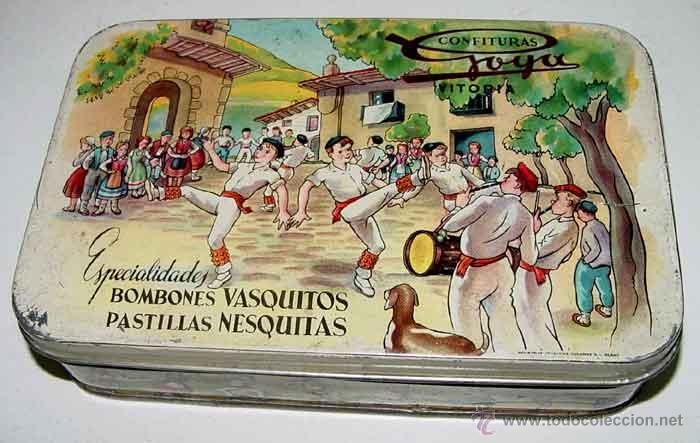 Blechdosen und Kisten: ANTIGUA CAJA DE HOJALATA LITOGRAFIADA CON PUBLICIDAD DE CONFITERIA GOYA DE VITORIA ETC. - MIDE 18 X