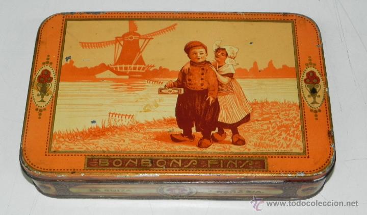 Blechdosen und Kisten: ANTIGUA CAJA DE HOJALATA LITOGRAFIADA DE G. DE ANDREIS DE BADALONA CON PUBLICIDAD DE BONBONS FINS -