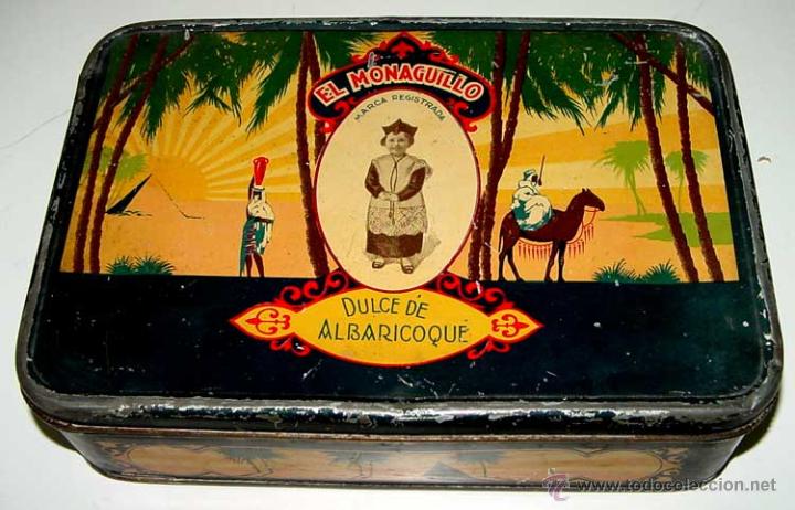 Caixas e caixinhas met&aacute;licas: ANTIGUA CAJA DE HOJALATA LITOGRAFIADA DE DULCE DE ALBARICOQUE, EL MONAGUILLO - MIDE 23 x 15,5 x 7 cm