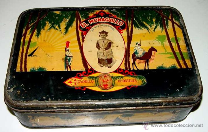 Bo&icirc;tes et petites bo&icirc;tes m&eacute;talliques: ANTIGUA CAJA DE HOJALATA LITOGRAFIADA DE DATILES, EL MONAGUILLO - ANTIGUA CAJA DE HOJALATA LITOGRAFI