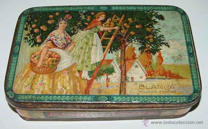 Caixas e caixinhas met&aacute;licas: ANTIGUA CAJA DE HOJALATA LITOGRAFIADA CON PUBLICIDAD DE DULCE DE MEMBRILLO . LA SUIZA RE&Ntilde;E - MIDE 18