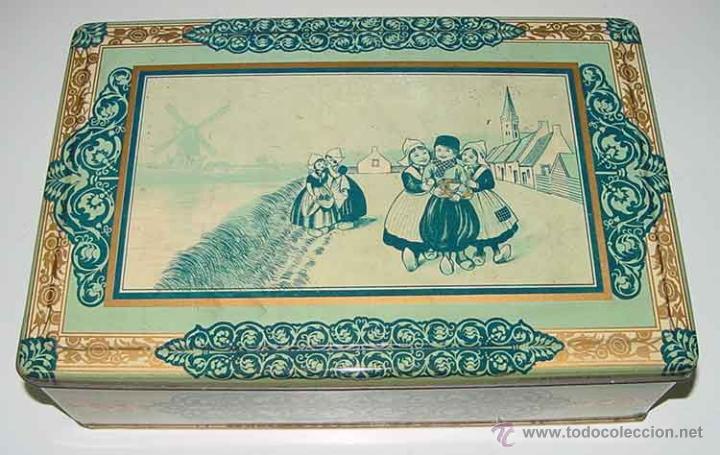 Bo&icirc;tes et petites bo&icirc;tes m&eacute;talliques: ANTIGUA CAJA DE HOJALATA LITOGRAFIADA CON MOTIVOS HOLANDESES - MIDE 26,5 X 17,5 X 7,5 CMS. LITOGRAFI