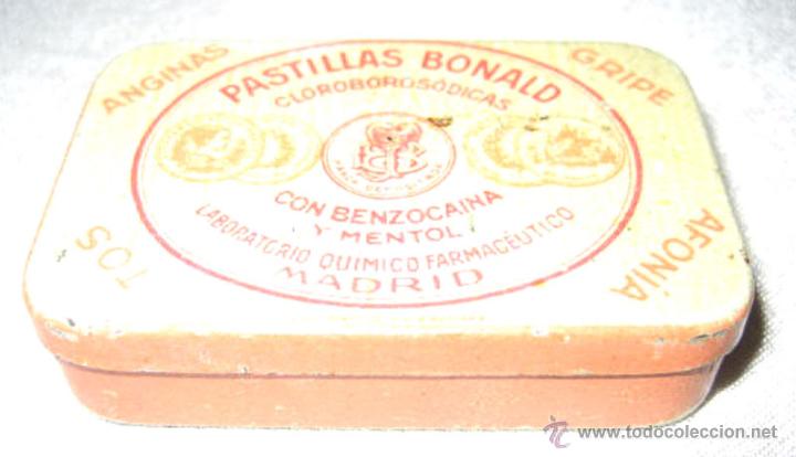 Bo&icirc;tes et petites bo&icirc;tes m&eacute;talliques: ANTIGUA CAJA DE HOJALATA LIOGRAFIADA CON PUBLICIDAD DE BONALD PASTILLAS, FARMACIA, -