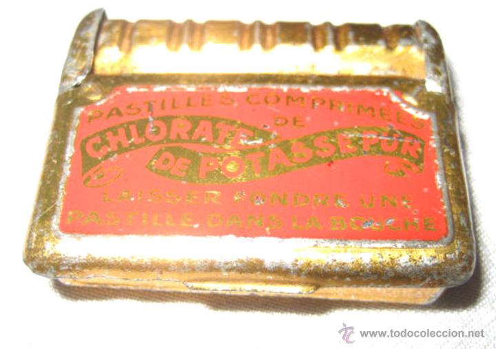 Caixas e caixinhas met&aacute;licas: ANTIGUA CAJA DE HOJALATA LIOGRAFIADA CON PUBLICIDAD DE PASTILLAS DE CLORATO FARMACIA, - MUY BUEN EST