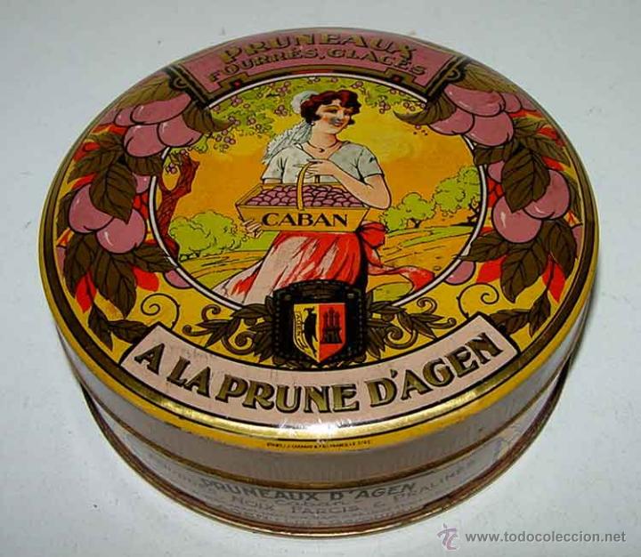 Blechdosen und Kisten: ANTIGUA CAJA DE HOLATA LITOGRAFIADA - CON PUBLICIDAD DE DULCES PRUNEAUX FOURRES, GLACES - CABAN - A