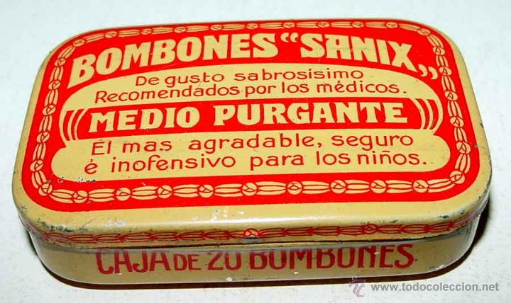 Bo&icirc;tes et petites bo&icirc;tes m&eacute;talliques: ANTIGUA CAJA DE HOJALATA LITOGRAFIADA BOMBONES SANIX - MEDIO PURGENTE