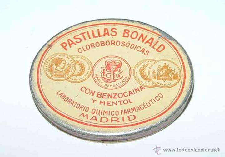 Caixas e caixinhas met&aacute;licas: ANTIGUA CAJA LITOGRAFIADA CON PUBLICIDAD DE PASTILLAS BONALD - LABORATORIO FARMACEUTICO - FARMACIA -