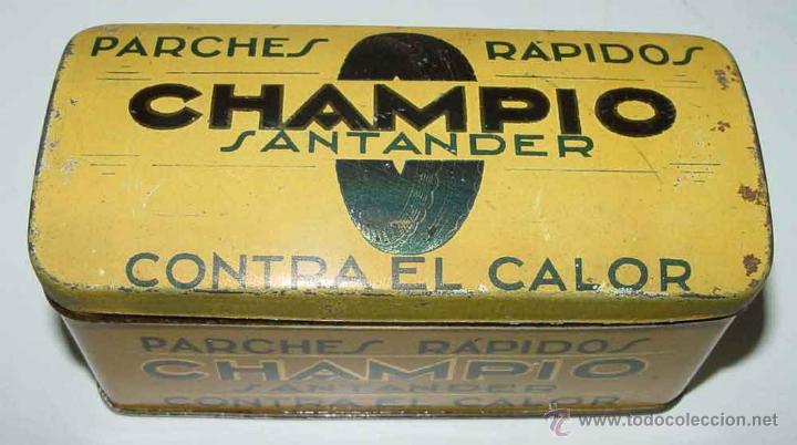 Bo&icirc;tes et petites bo&icirc;tes m&eacute;talliques: ANTIGUA CAJA DE HOJALATA LITOGRAFIADA CON PUBLICIDAD DE PARCHES RAPIDOS NEUMATICOS CHAMPIO SANTANDER