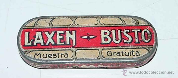 Bo&icirc;tes et petites bo&icirc;tes m&eacute;talliques: ANTIGUA CAJITA DE HOJALATA LITOGRAFIADA CON PUBLICIDAD DE LAXEN BUSTO - FARMACIA - Medidas 6cm X 2cm