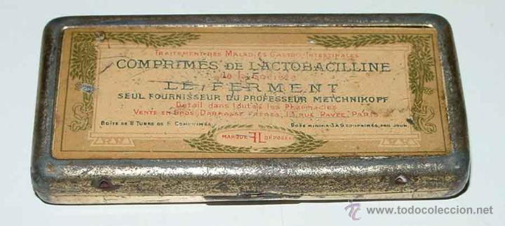 Bo&icirc;tes et petites bo&icirc;tes m&eacute;talliques: ANTIGUA CAJITA DE HOJALATA LITOGRAFIADA CON PUBLICIDAD DE FARMACIA, comprim&eacute;s Lactobacilline Le Ferm