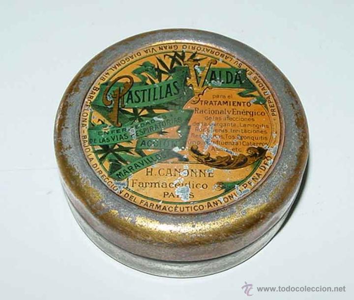 Bo&icirc;tes et petites bo&icirc;tes m&eacute;talliques: ANTIGUA CAJA CIRCULAR EN HOJALATA CON PUBLICIDAD DE PASTILLAS VALDA - MIDE 7 CMS.