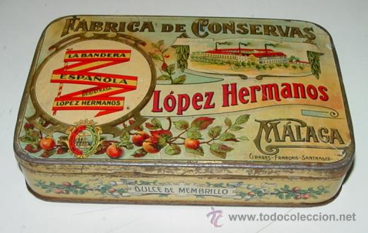 Bo&icirc;tes et petites bo&icirc;tes m&eacute;talliques: ANTIGUA CAJA HOJALATA LITOGRAFIADA - CON PUBLICIAD DE FABRICA DE CONSERVAS LOPEZ HERMANOS, MALAGA -