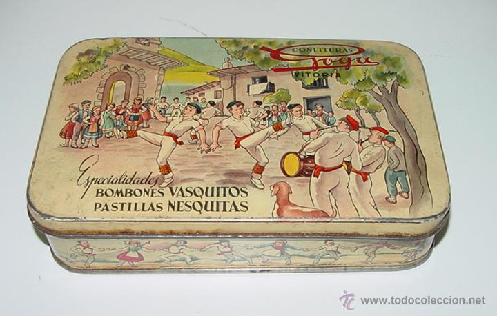 Bo&icirc;tes et petites bo&icirc;tes m&eacute;talliques: ANTIGUA CAJA DE HOJALATA LITOGRAFIADA CON PUBLICIDAD DE CONFITURAS GOYA DE VITORIA. MIDE 18 X 11 X 4