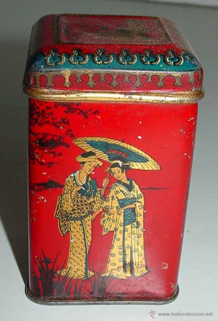 Bo&icirc;tes et petites bo&icirc;tes m&eacute;talliques: ANTIGUA CAJITA DE HOJALATA LITOGRAFIADA CON PUBLICIDAD DE THE EL CAFETO - MIDE 9 X 5,5 X 5,5 CMS. BU