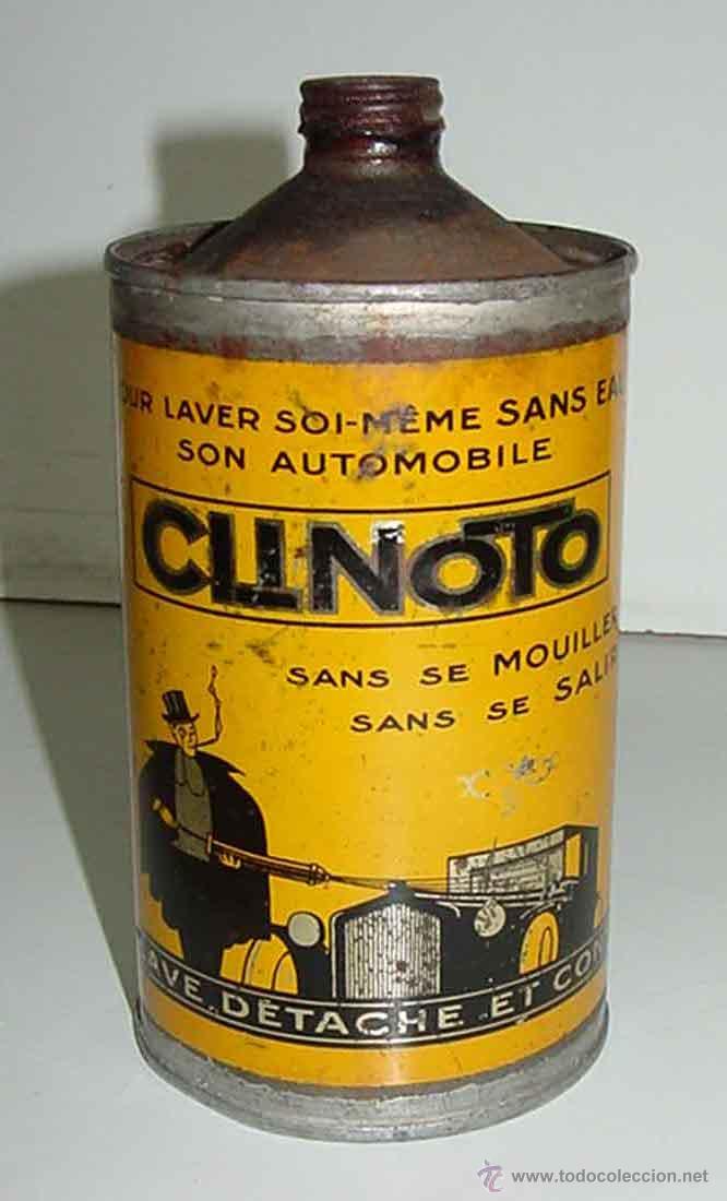 Bo&icirc;tes et petites bo&icirc;tes m&eacute;talliques: ANTIGUO BIDON DE HOJALATA LITOGRAFIADA CON PUBLICIDAD DE CLINOTO, PARA LAVAR LOS COCHES Y AUTOMOVILE