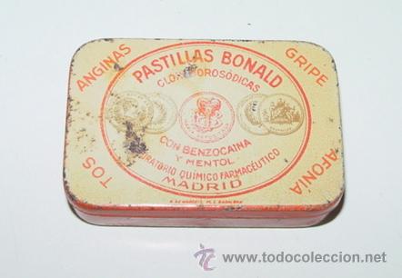 Bo&icirc;tes et petites bo&icirc;tes m&eacute;talliques: ANTIGUA CAJA DE HOJALATA LIOGRAFIADA CON PUBLICIDAD DE BONALD PASTILLAS, FARMACIA, -