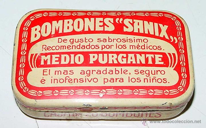 Blechdosen und Kisten: ANTIGUA CAJA DE HOJALATA LITOGRAFIADA CON PUBLICIDAD DE FARMACIA, BOMBONES SANIX - MEDIO PURGENTE -