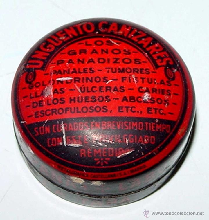 Boxes and metal boxes: ANTIGUA CAJITA DE HOJALATA LITOGRAFIADA CON PUBLICIDAD DE FARMACIA - UNGUENTO CA&Ntilde;IZARES, GRANOS PANA