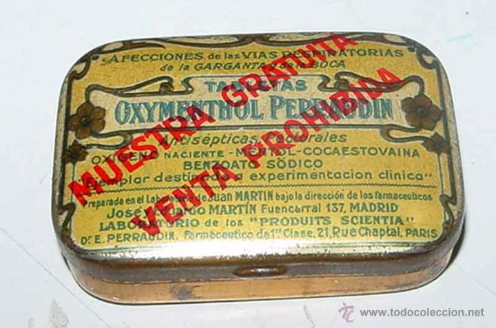 Bo&icirc;tes et petites bo&icirc;tes m&eacute;talliques: ANTIGUA CAJA DE HOJALATA LITOGRAFIADA CON PUBLICIDAD DE FARMACIA, TABLETAS OXYMENTHOL PERRAUDIN, AFE