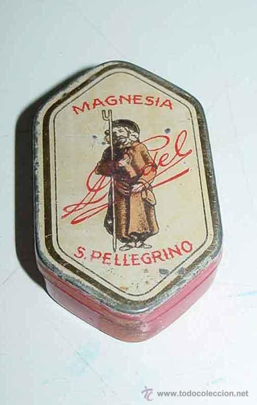 Bo&icirc;tes et petites bo&icirc;tes m&eacute;talliques: ANTIGUA CAJA DE HOJALATA LITOGRAFIADA CON PUBLICIDAD DE FARMACIA, MAGNESIA PURGANTE - REFRESCANTE. F