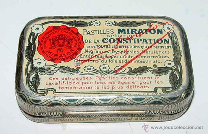 Bo&icirc;tes et petites bo&icirc;tes m&eacute;talliques: ANTIGUA CAJA DE HOJALATA LITOGRAFIADA CON PUBLICIDAD DE FARMACIA, PASTILLAS MIRATON ESPECIFICO PARA