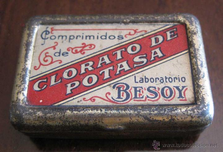 Blechdosen und Kisten: ANTIGUA CAJA DE HOJALATA DE COMPRIMIDOS DE CLORATO DE POTASA - LABORRATORIO BESOY - FARMACIA - A&ntilde;os