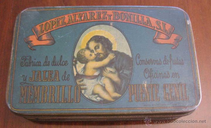 Bo&icirc;tes et petites bo&icirc;tes m&eacute;talliques: ANTIGUA CAJA DE HOJALATA CON PUBLICIDAD  DE LOPEZ, ALVAREZ Y BONILLA - MEMBRILLO,  PUENTE GENIL 18 X