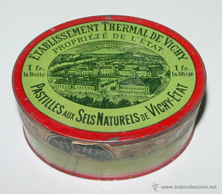 Caixas e caixinhas met&aacute;licas: ANTIGUA CAJA DE HOJALATA LITOGRAFIADA CON PUBLICIDAD DE FARMACIA DE EL ETABLISSEMENT THERMAL DE VICH