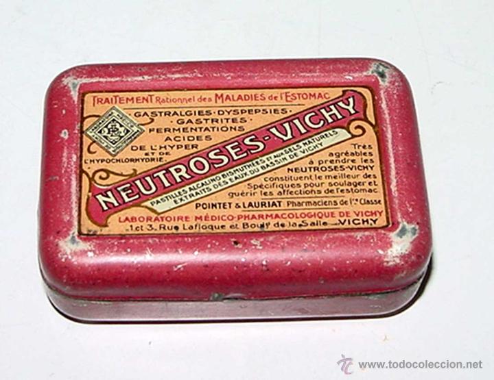 Bo&icirc;tes et petites bo&icirc;tes m&eacute;talliques: ANTIGUA CAJA DE HOJALATA LITOGRAFIADA CON PUBLICIDAD DE FARMACIA DE NEUTROSES VICHY - MIDE 6 X 4 X 2