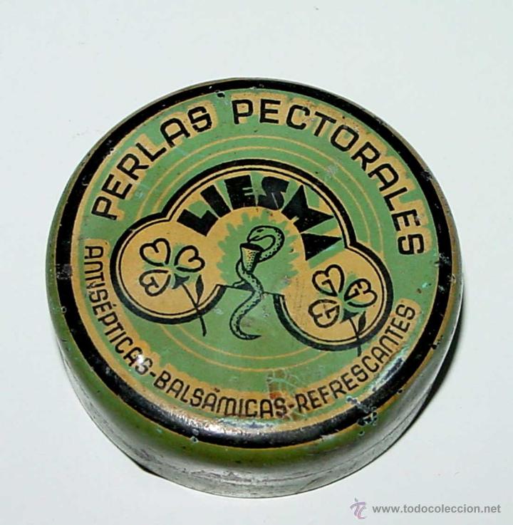 Bo&icirc;tes et petites bo&icirc;tes m&eacute;talliques: ANTIGUA CAJA DE HOJALATA LITOGRAFIADA CON PUBLICIDAD DE FARMACIA, PERLAS PECTORALES, LIESMA - MIDE 5