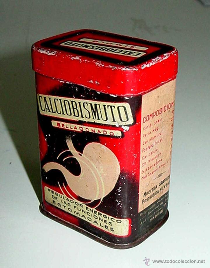 Bo&icirc;tes et petites bo&icirc;tes m&eacute;talliques: ANTIGUA CAJA DE HOJALATA LITOGRAFIADA CON PUBLICIDAD DE FARMACIA, CALCIOBISMUTO, REGULADOR DE FUNCIO