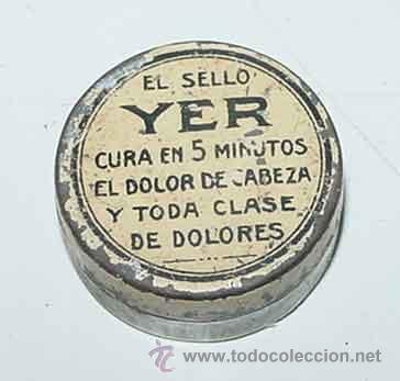 Bo&icirc;tes et petites bo&icirc;tes m&eacute;talliques: ANTIGUA CAJA DE HOJALATA LITOGRAFIADA CON PUBLICIDAD DE EL SELLO YER, CONTRO EL DOLOR DE CABEZA - FA