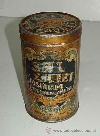 Bo&icirc;tes et petites bo&icirc;tes m&eacute;talliques: ANTIGUA CAJA DE HOJALATA LITOGRAFIADA DE SAL XAUBET - BARCELONA - MIDE 14 CM. Y 8,5 CM. DE DIAMETRO