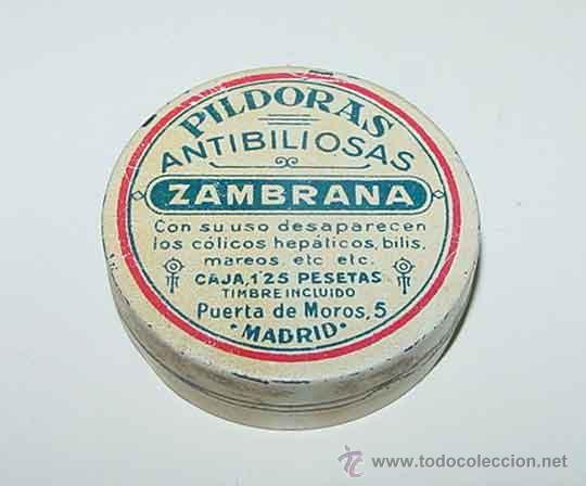 Caixas e caixinhas met&aacute;licas: ANTIGUA CAJA DE HOJALATA LITOGRAFIADA CON PUBLICIDAD DE PILDORAS ANTIBILIOSAS ZAMBRANA - MADRID - FA
