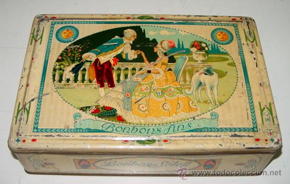 Bo&icirc;tes et petites bo&icirc;tes m&eacute;talliques: ANTIGUA CAJA DE HOJALATA LITOGRAFIADA G. DE ANDREIS DE BADALONA CON PUBLICIDAD DE BONBONS FINS SOLEI